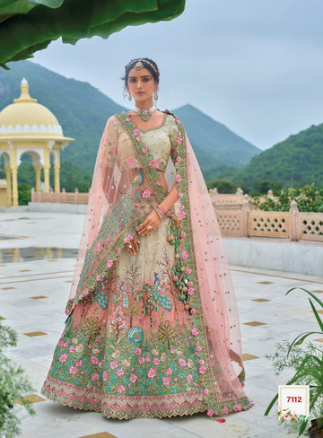 Green Pink Off-White Shaded Beautiful Traditional Designer Elegant Embroidery Work Cut Work Silk Lehenga - 7112